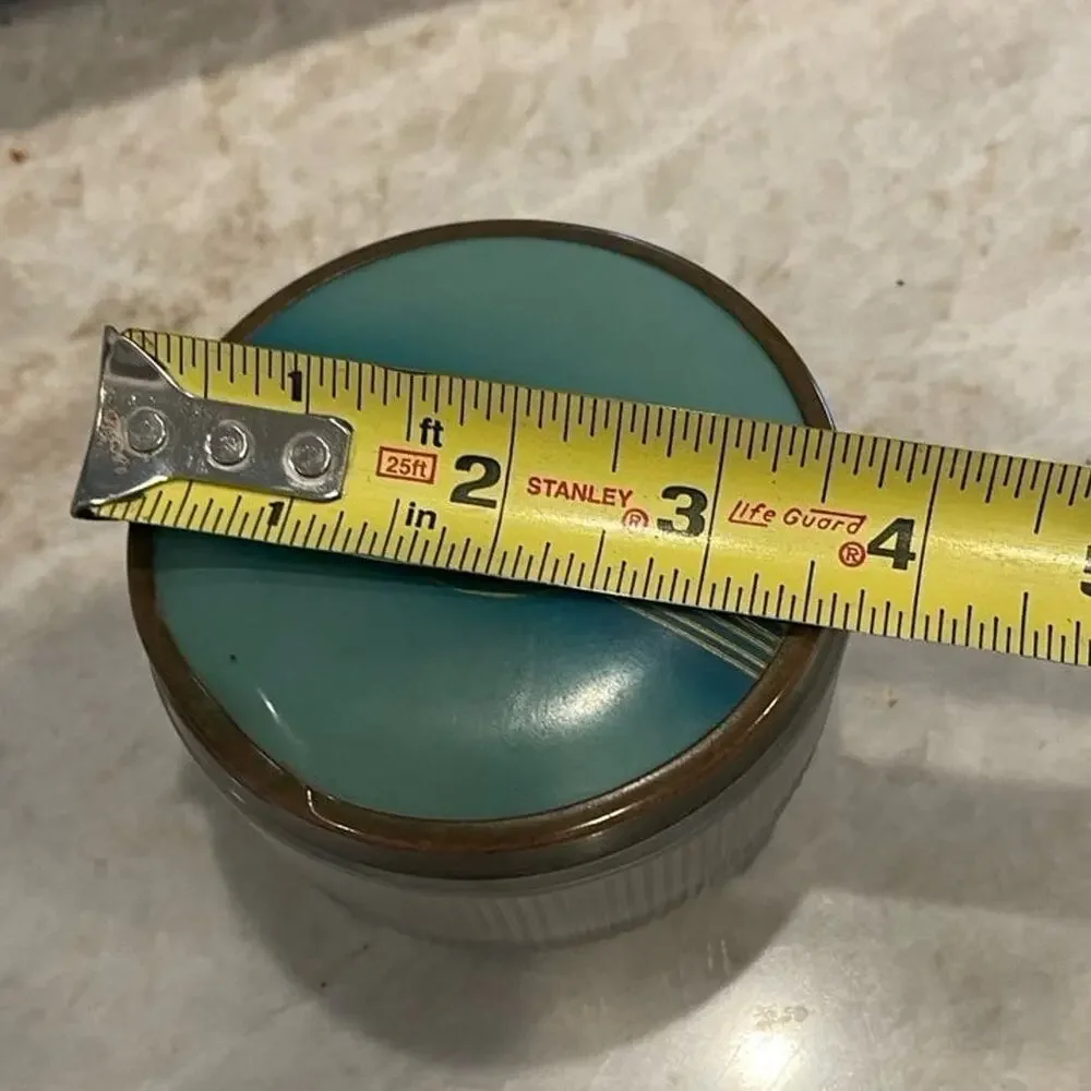 Vintage 50’s Powder jar teal lid brass trim